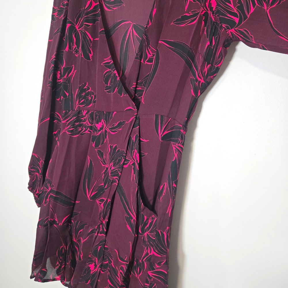 A.L.C. Silk Floral Mini Dress Womens 10 Plum Pink V-Neck Long Sleeve Ruffle Hem